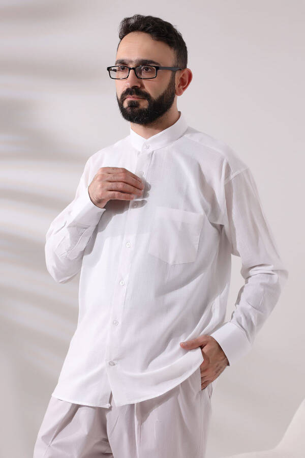 White Men Loose Fit Single Pocket Mandarin Collar Hajj and Umrah Linen Shirt - 6