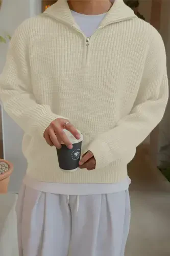 White Men's Oversize Zippered Fisherman Knit Sweater-White - 1