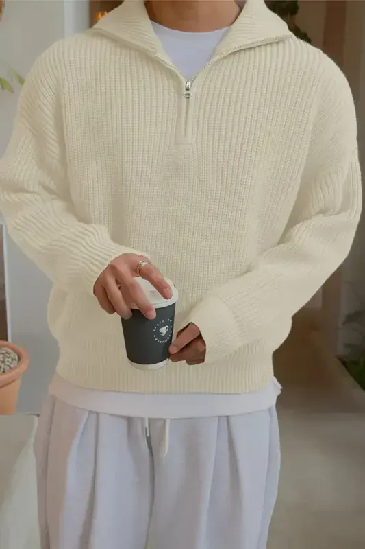 White Men's Oversize Zippered Fisherman Knit Sweater-White - 1