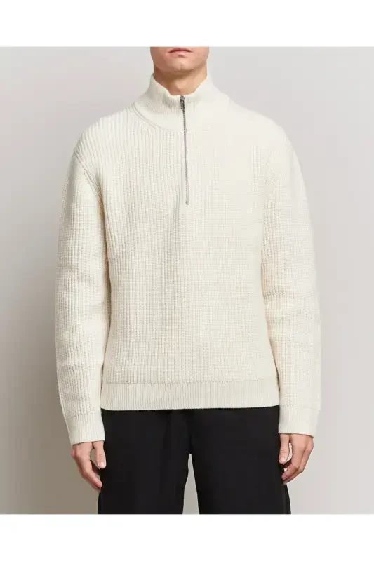 White Men's Oversize Zippered Fisherman Knit Sweater-White - 2