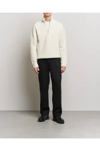 White Men's Oversize Zippered Fisherman Knit Sweater-White - 3