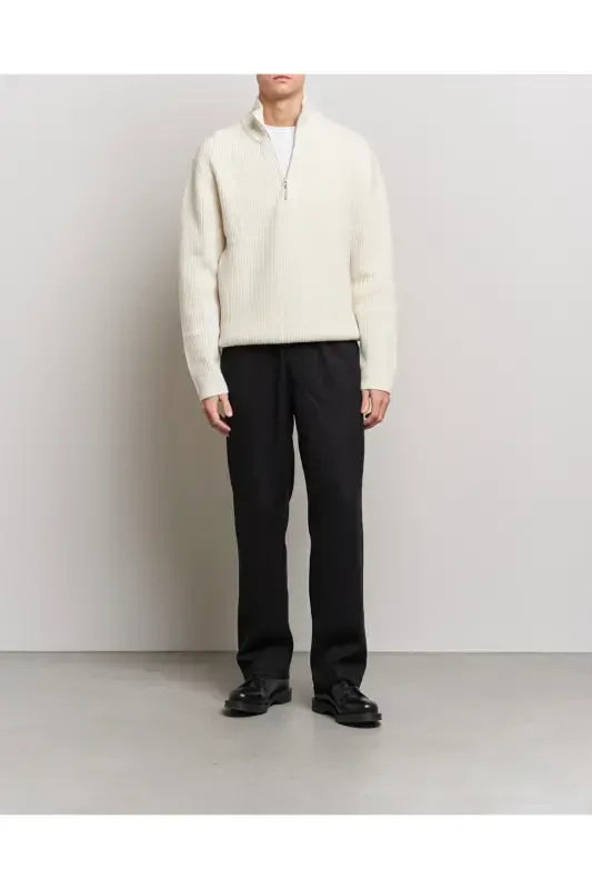 White Men's Oversize Zippered Fisherman Knit Sweater-White - 3