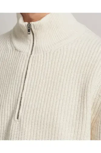 White Men's Oversize Zippered Fisherman Knit Sweater-White - 4