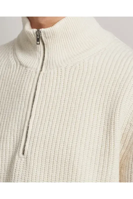 White Men's Oversize Zippered Fisherman Knit Sweater-White - 4