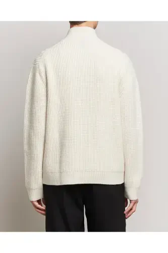 White Men's Oversize Zippered Fisherman Knit Sweater-White - 5