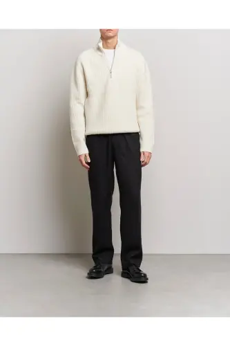 White Men's Oversize Zippered Fisherman Knit Sweater-White - 4