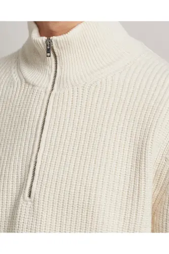 White Men's Oversize Zippered Fisherman Knit Sweater-White - 5