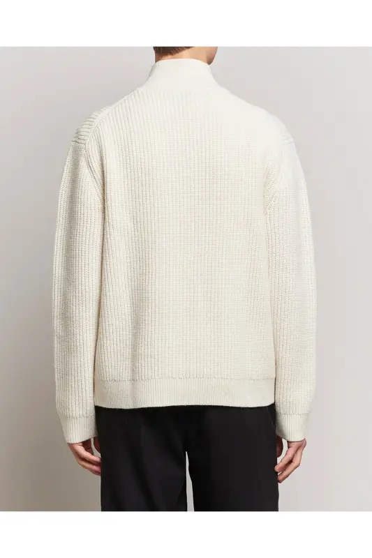 White Men's Oversize Zippered Fisherman Knit Sweater-White - 6
