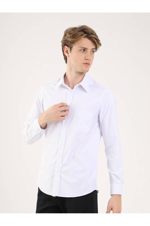 White Men's Plus Size Plain Brent Collar Long Sleeve Shirt - 88204 - 4