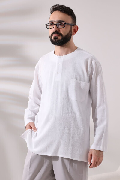 White Men's Regular Fit 3-Button Plain Collar Hajj and Umrah Thin Cotton Shirt - IHVAN ONLINE (1)