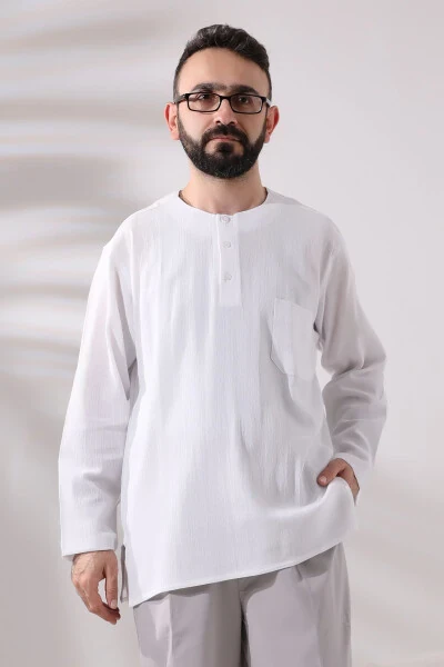 White Men's Regular Fit 3-Button Plain Collar Hajj and Umrah Thin Cotton Shirt - IHVAN ONLINE