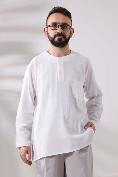 White Men's Regular Fit 3-Button Plain Collar Hajj and Umrah Thin Cotton Shirt - 1