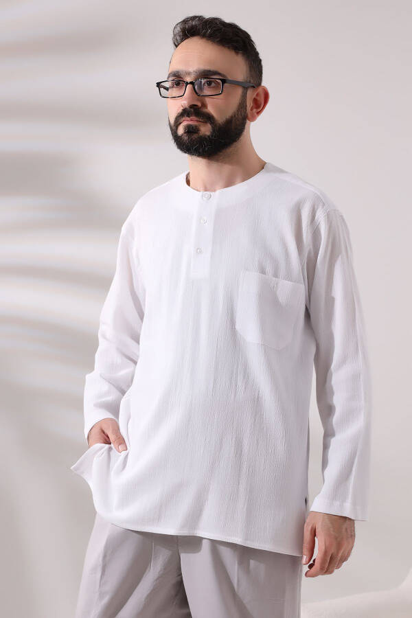 White Men's Regular Fit 3-Button Plain Collar Hajj and Umrah Thin Cotton Shirt - 2