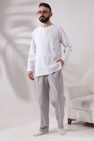 White Men's Regular Fit 3-Button Plain Collar Hajj and Umrah Thin Cotton Shirt - 4