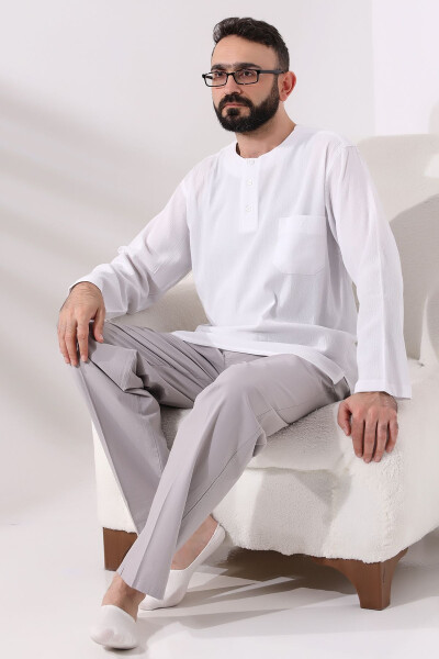 White Men's Regular Fit 3-Button Plain Collar Hajj and Umrah Thin Cotton Shirt - 6