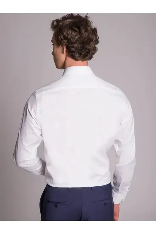 White Men's Regular Fit Plain Kent Collar Long Sleeve Shirt - 36117 - 2