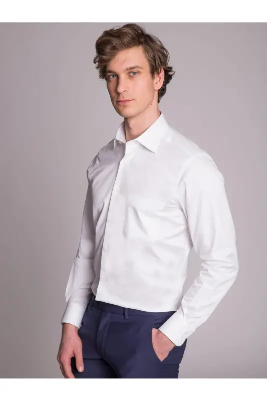White Men's Regular Fit Plain Kent Collar Long Sleeve Shirt - 36117 - DUFY
