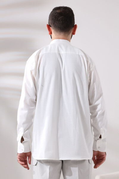 White Men's Relaxed Fit 3-Button Stand Collar Hajj and Umrah Linen Shirt - 2