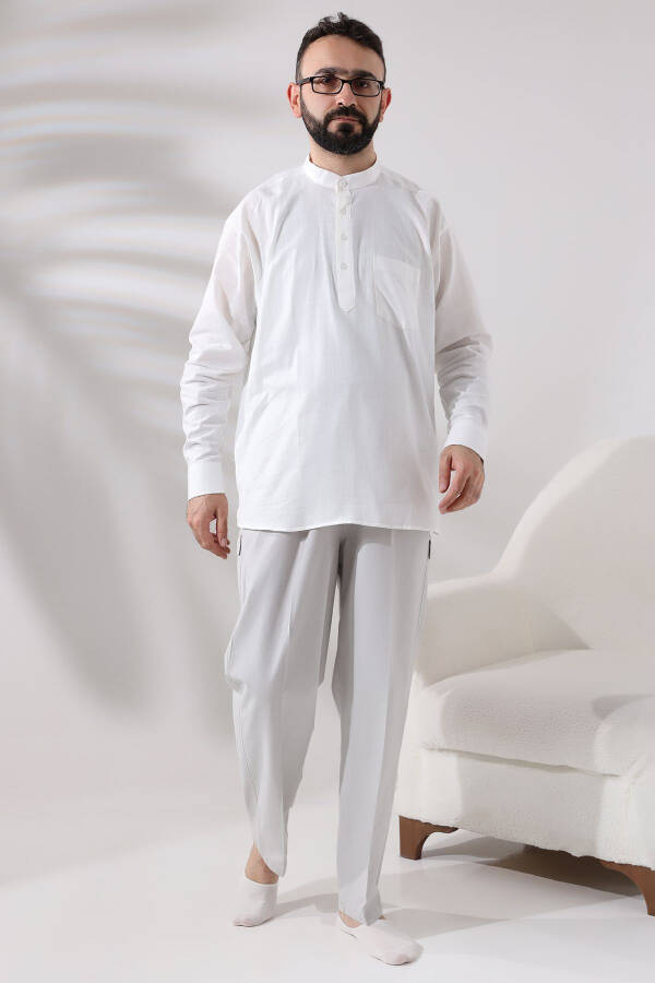 White Men's Relaxed Fit 3-Button Stand Collar Hajj and Umrah Linen Shirt - 4