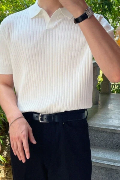 White Men's Ribbed Polo Neck Knit T-Shirt - TARZ COOL