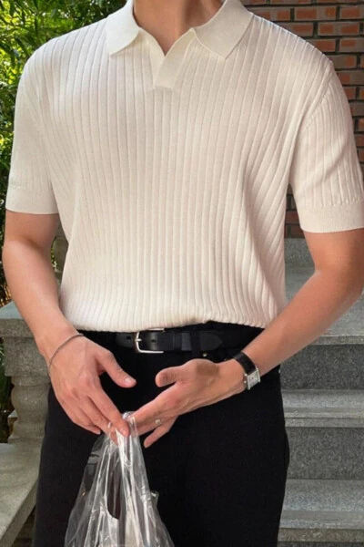 White Men's Ribbed Polo Neck Knit T-Shirt - TARZ COOL (1)