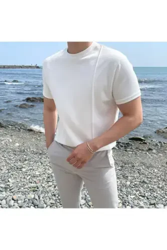 White Men's Round Neck 2 Striped Knitted Tricot T-shirt-WHITE - TARZ COOL (1)