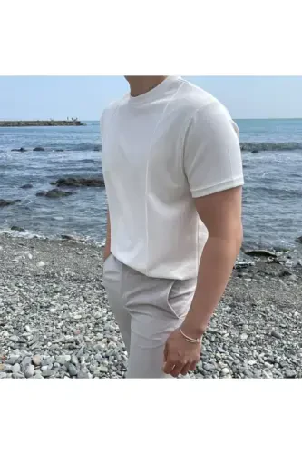 White Men's Round Neck 2 Striped Knitted Tricot T-shirt-WHITE - 3