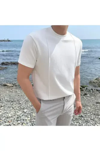 White Men's Round Neck 2 Striped Knitted Tricot T-shirt-WHITE - 4