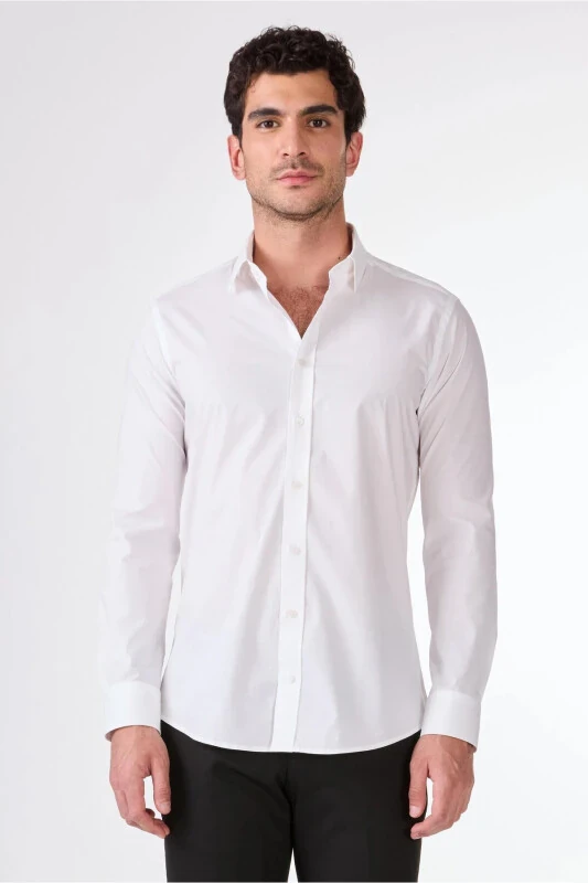 White Men's Slim Fit Classic Collar Long Sleeve Shirt - 103129 - DUFY
