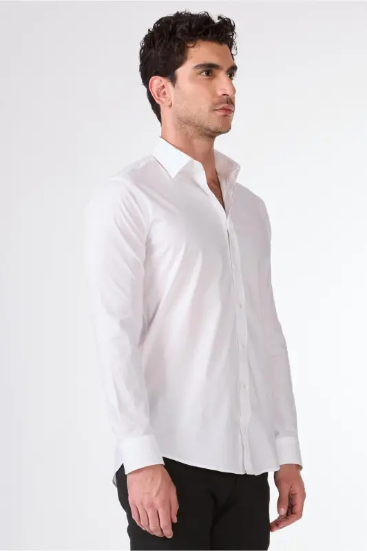 White Men's Slim Fit Classic Collar Long Sleeve Shirt - 103129 - 4