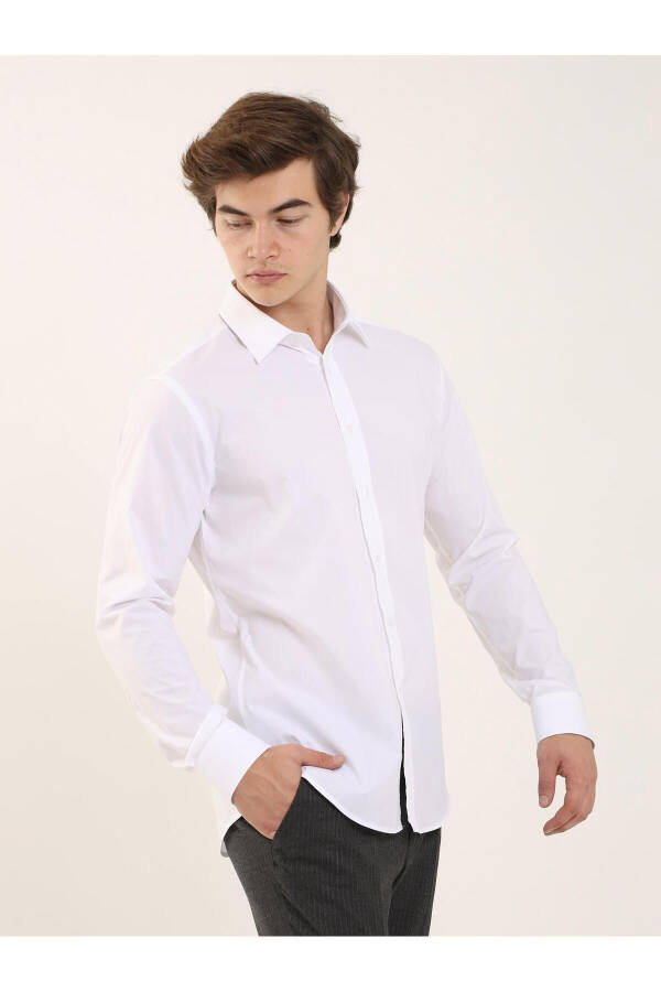 White Men's Slim Fit Classic Collar Long Sleeve Shirt - 103129 - 9