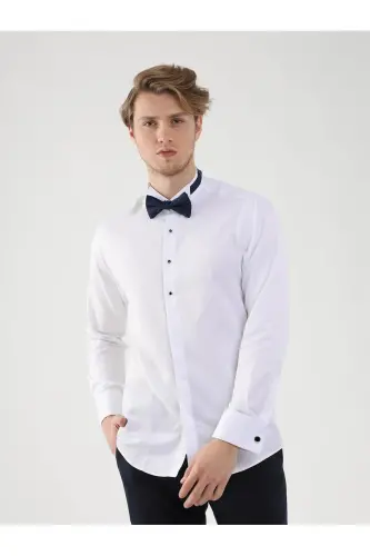 White Men's Slim Fit Patterned Mandarin Collar Double Cuffed Shirt - 1