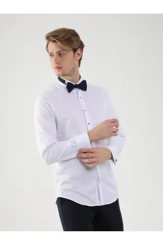 White Men's Slim Fit Patterned Mandarin Collar Double Cuffed Shirt - 3