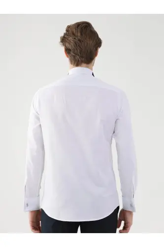 White Men's Slim Fit Patterned Mandarin Collar Double Cuffed Shirt - 4