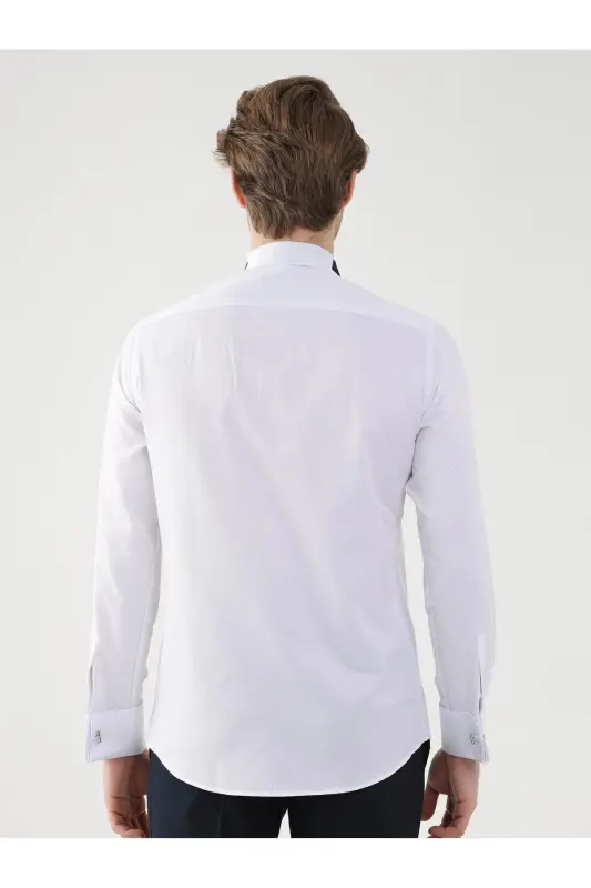 White Men's Slim Fit Patterned Mandarin Collar Double Cuffed Shirt - 4