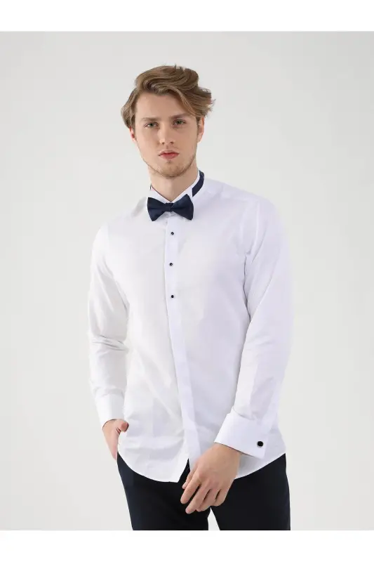 White Men's Slim Fit Patterned Mandarin Collar Double Cuffed Shirt - DUFY