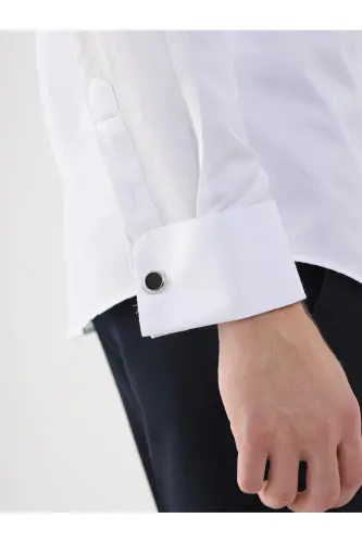 White Men's Slim Fit Patterned Mandarin Collar Double Cuffed Shirt - 6