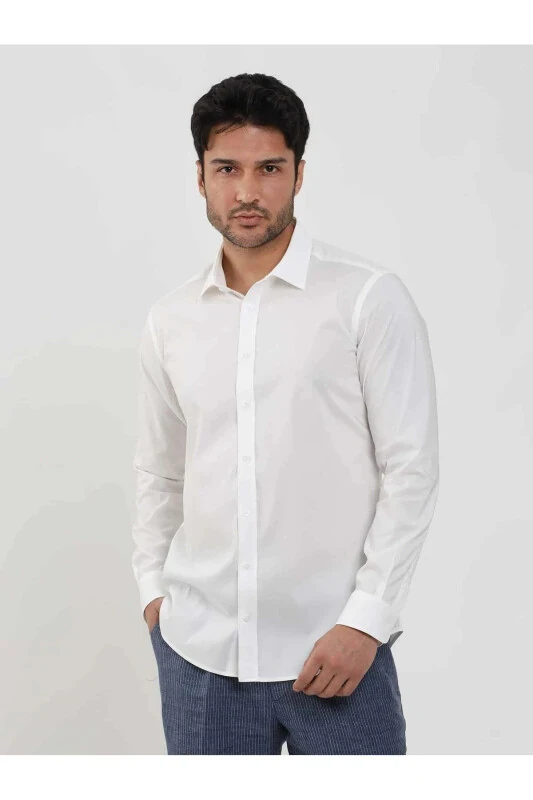 White Men's Slim Fit Plain Classic Collar Long Sleeve Shirt - 103119 - DUFY