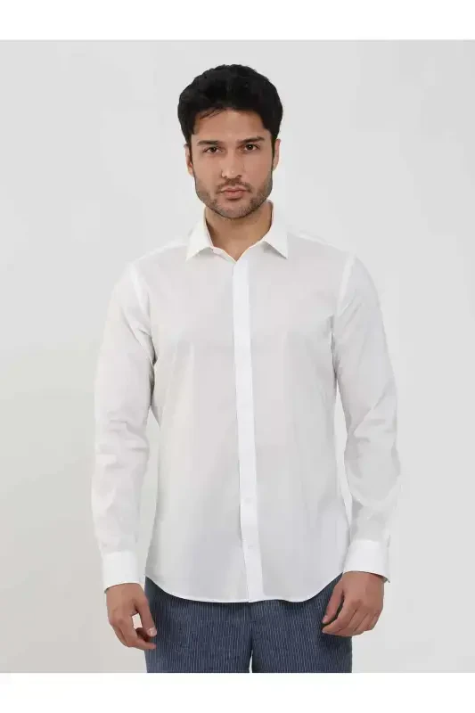 White Men's Slim Fit Plain Classic Collar Long Sleeve Shirt - 103119 - 2