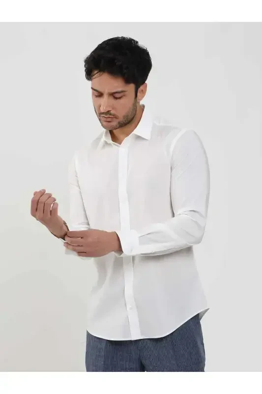 White Men's Slim Fit Plain Classic Collar Long Sleeve Shirt - 103119 - 3