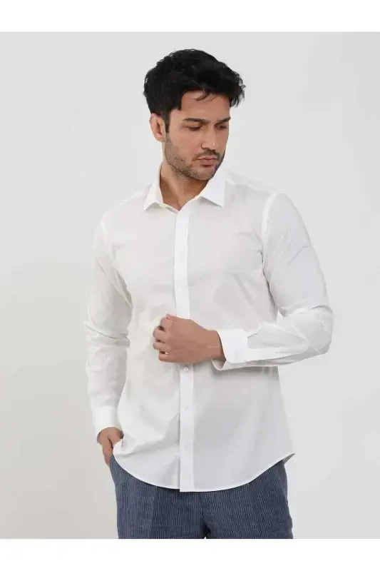 White Men's Slim Fit Plain Classic Collar Long Sleeve Shirt - 103119 - 4