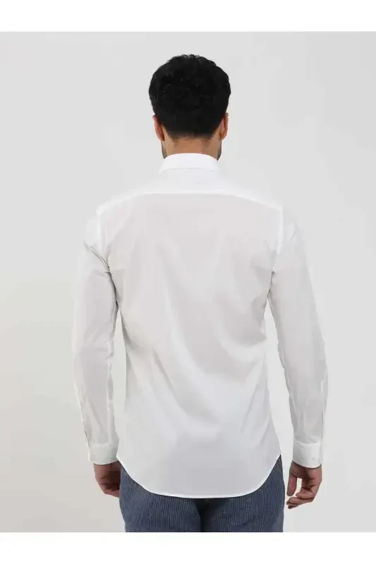 White Men's Slim Fit Plain Classic Collar Long Sleeve Shirt - 103119 - 5