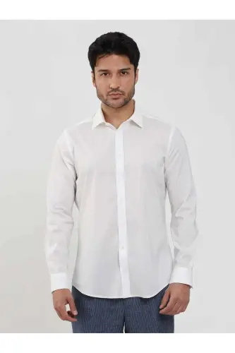 White Men's Slim Fit Plain Classic Collar Long Sleeve Shirt - 103119 - DUFY (1)
