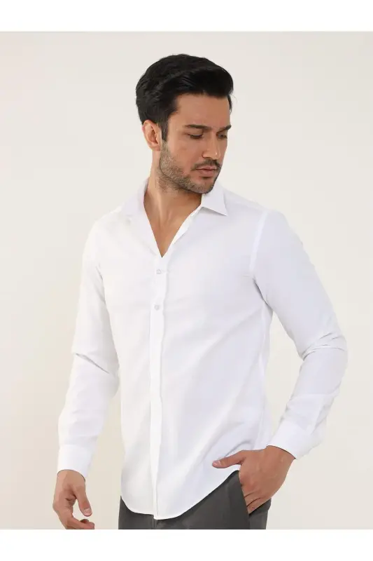 White Men's Slim Fit Plain Classic Collar Long Sleeve Shirt - 93975 - DUFY