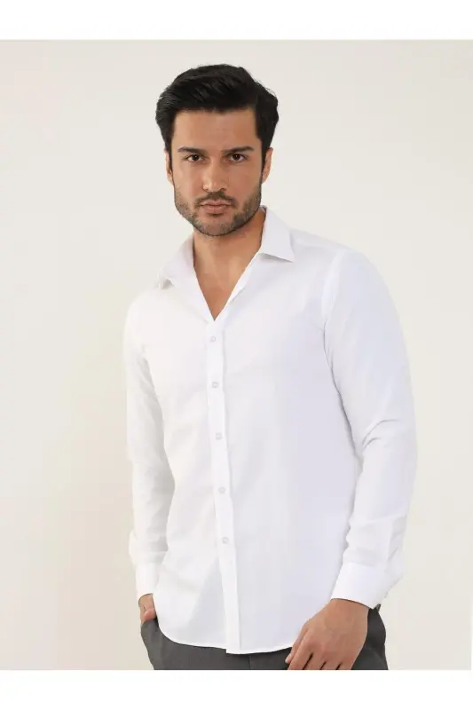 White Men's Slim Fit Plain Classic Collar Long Sleeve Shirt - 93975 - 2