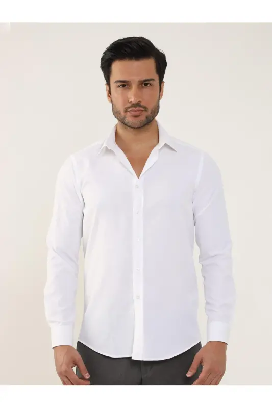 White Men's Slim Fit Plain Classic Collar Long Sleeve Shirt - 93975 - 3
