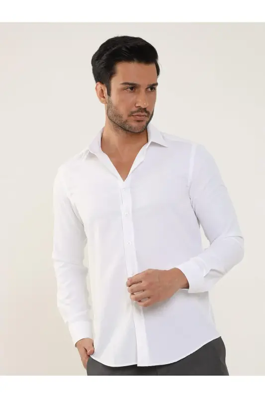 White Men's Slim Fit Plain Classic Collar Long Sleeve Shirt - 93975 - 4