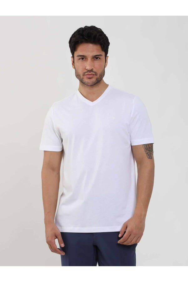 White Men's Slim Fit Plain V-Neck T-Shirt - 105558 - 1