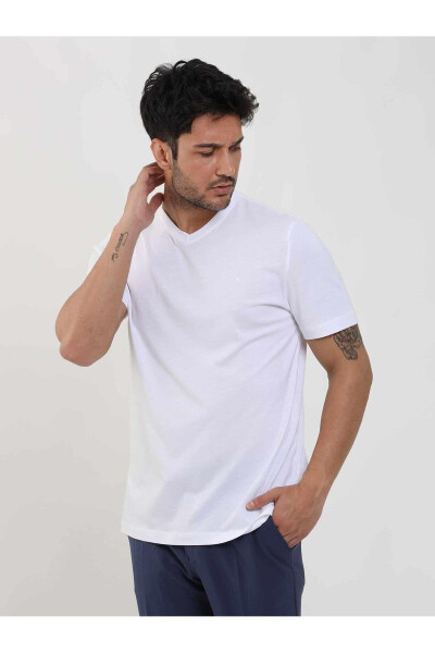 White Men's Slim Fit Plain V-Neck T-Shirt - 105558 - 2