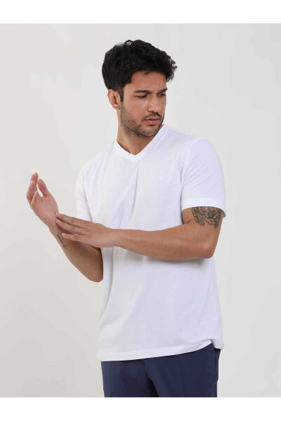 White Men's Slim Fit Plain V-Neck T-Shirt - 105558 - 4